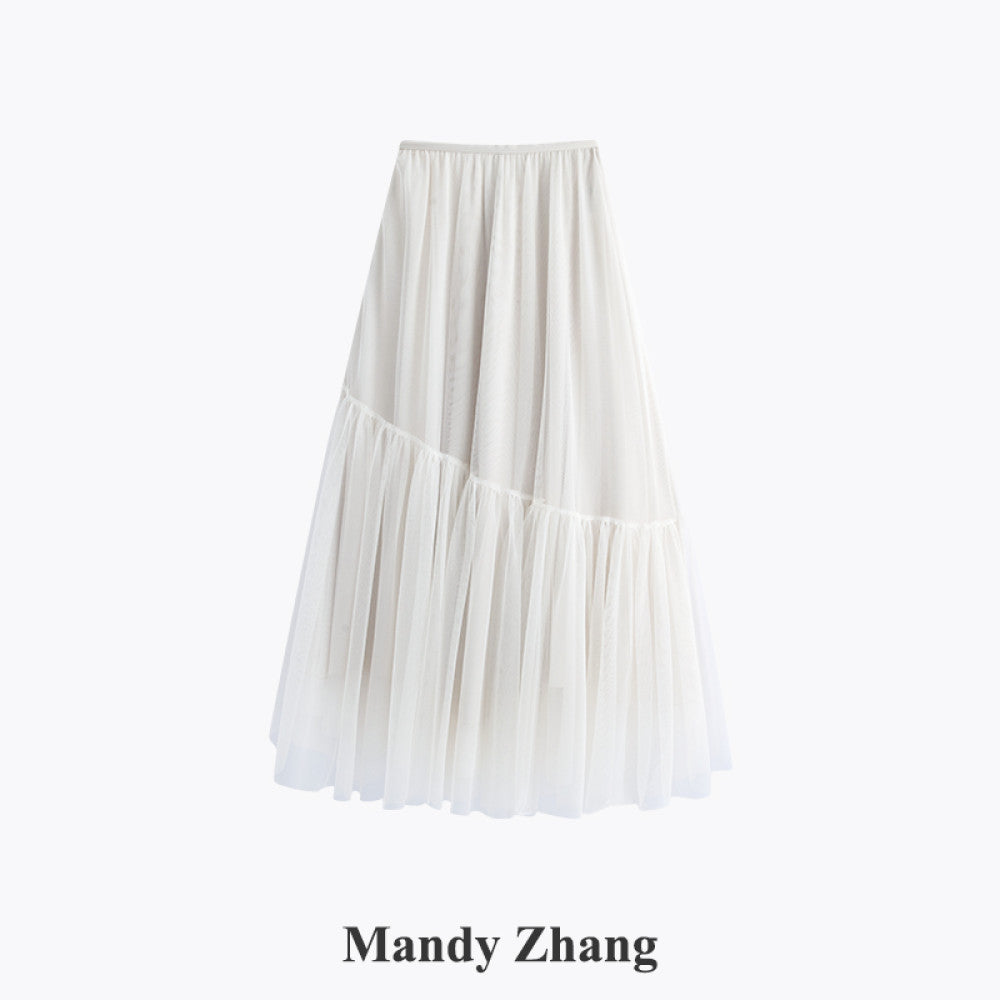 Mandy Zhang White Moonlight Charm A line White Half length Skirt for Women Autumn High End Three layer Mesh Long Skirt image 11