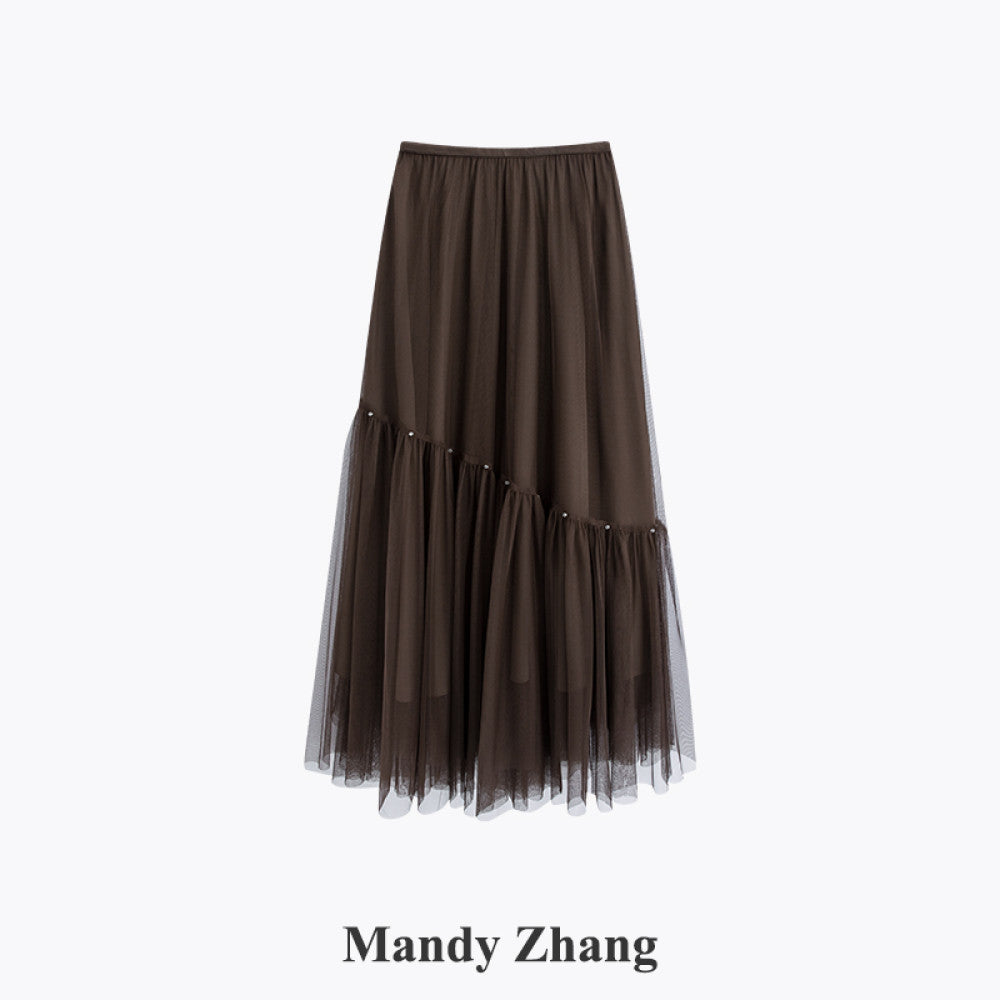 Mandy Zhang White Moonlight Charm A line White Half length Skirt for Women Autumn High End Three layer Mesh Long Skirt image 28