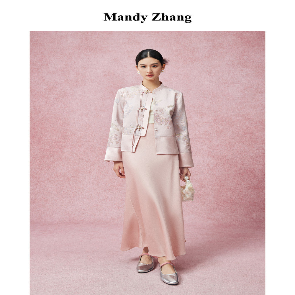 Mandy Zhang s New Chinese Style Gold Thread Embroidered Pink Jacket for Women in Autumn High Grade Acetate Pan Button Top image 2