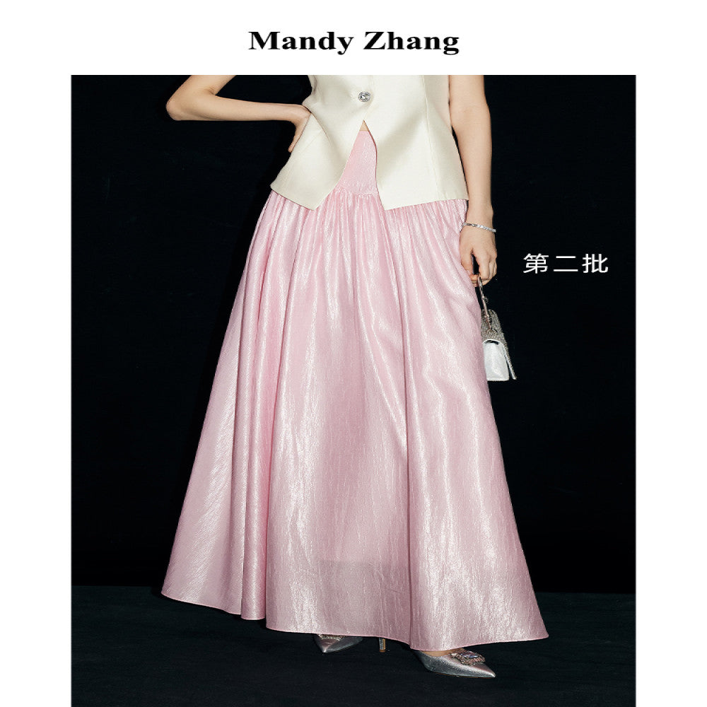 Mandy Zhang Palace Style Waist Cover Tencel Gilded Satin Half Body Skirt for Women in Summer High Waist Style Large Swing Long Skirt image 1
