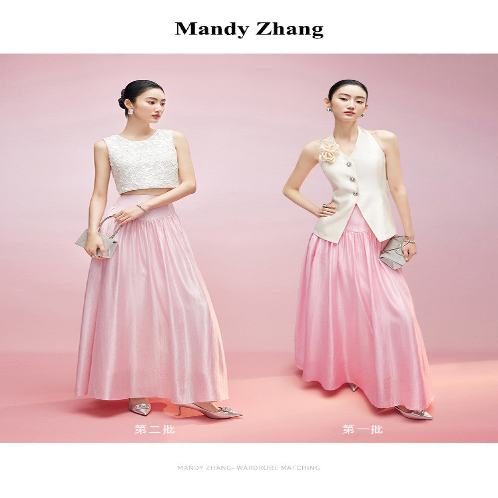 Mandy Zhang Palace Style Waist Cover Tencel Gilded Satin Half Body Skirt for Women in Summer High Waist Style Large Swing Long Skirt image 3