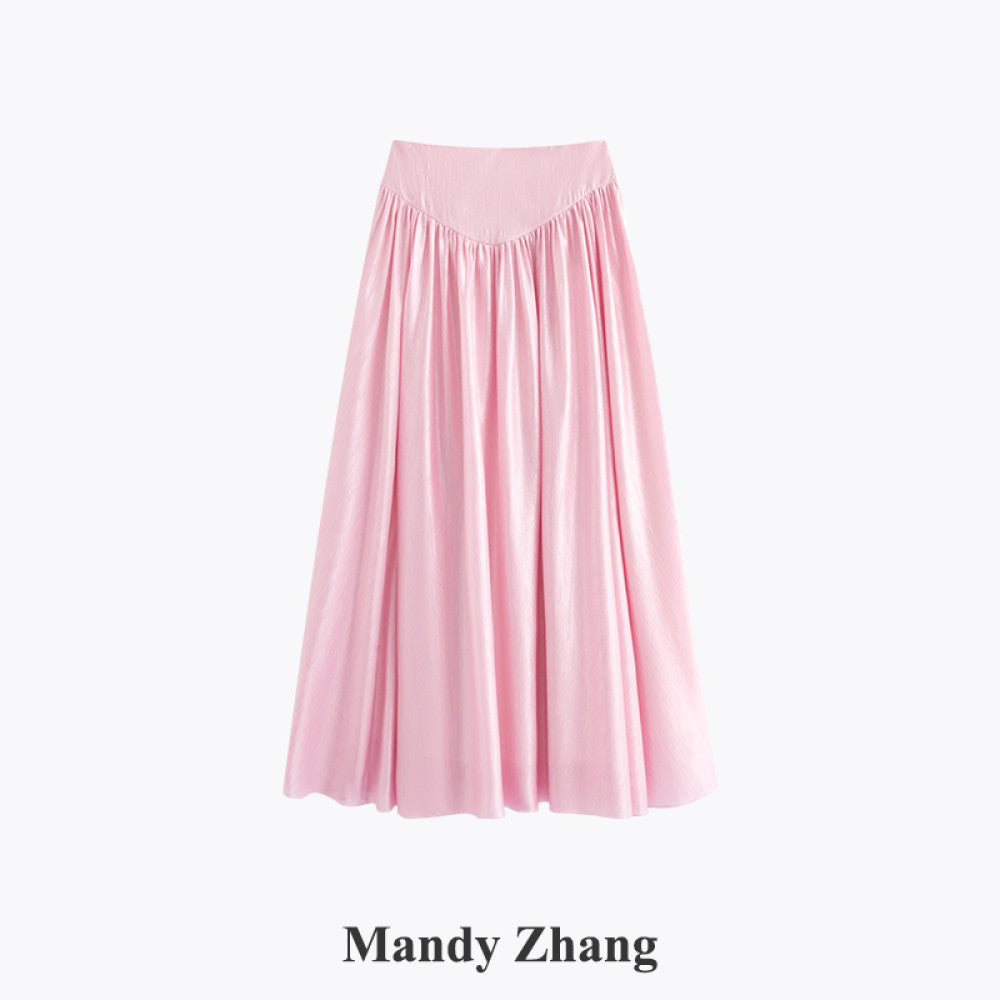 Mandy Zhang Palace Style Waist Cover Tencel Gilded Satin Half Body Skirt for Women in Summer High Waist Style Large Swing Long Skirt image 17