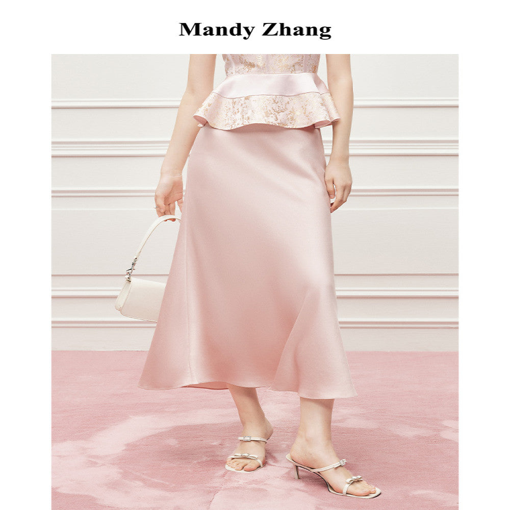 MandyZhang French CHIC Heavy Pink Acetate Satin Fishtail Half length Skirt for Women Summer Falling Long Skirt image 1