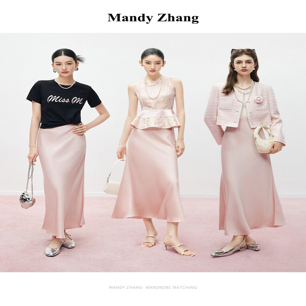 MandyZhang French CHIC Heavy Pink Acetate Satin Fishtail Half length Skirt for Women Summer Falling Long Skirt image 2