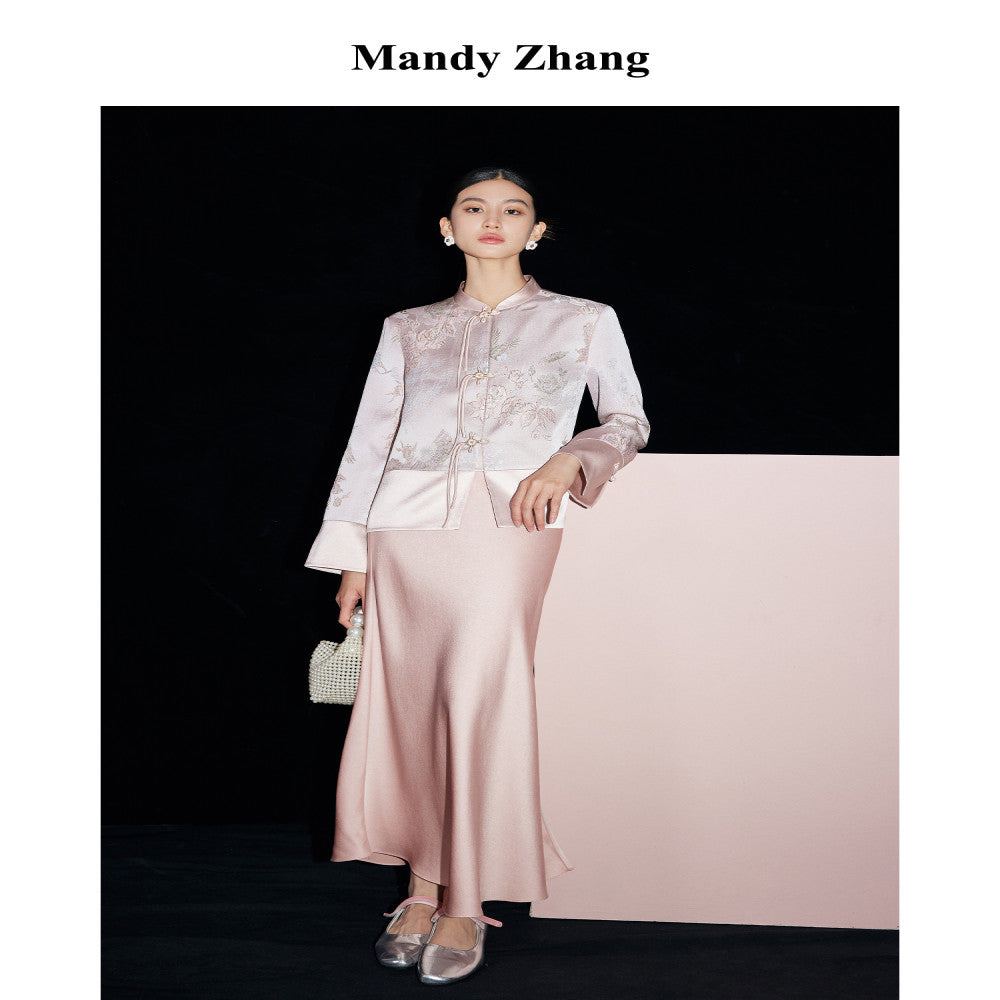 MandyZhang French CHIC Heavy Pink Acetate Satin Fishtail Half length Skirt for Women Summer Falling Long Skirt image 3
