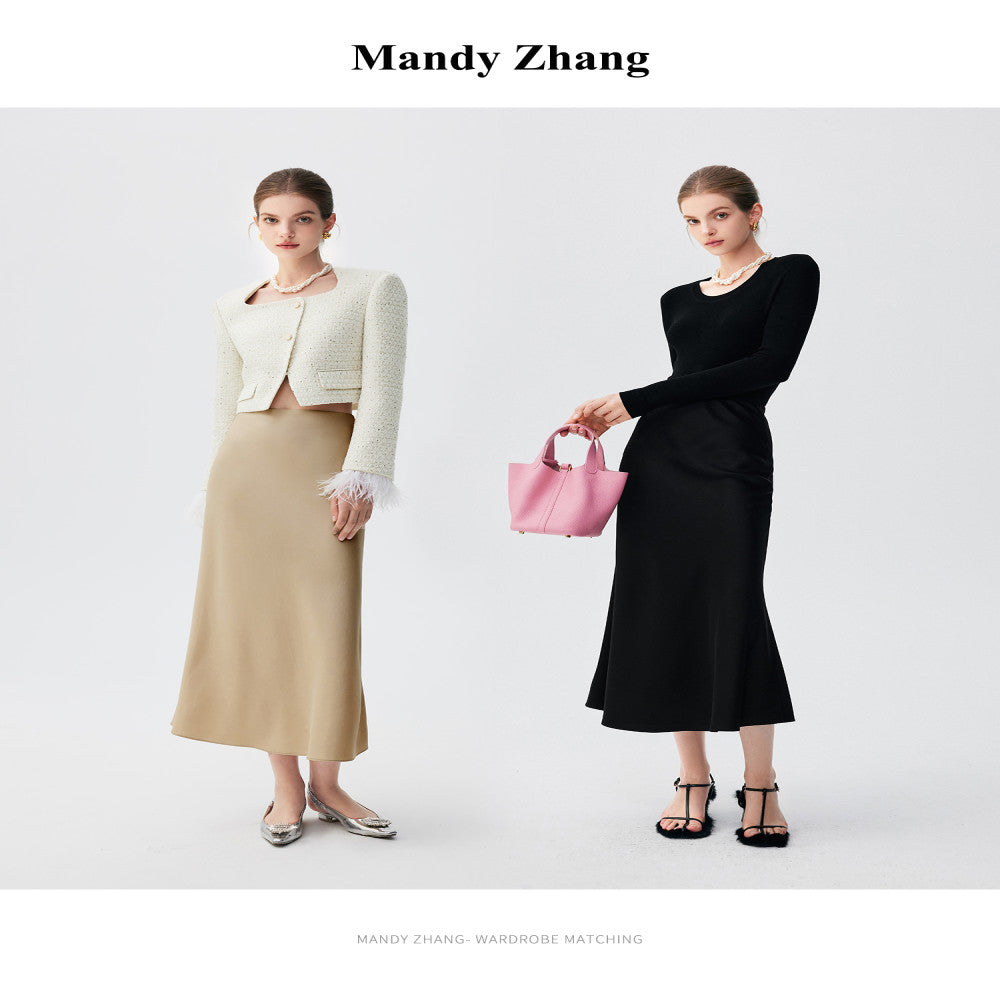 MandyZhang French CHIC Heavy Pink Acetate Satin Fishtail Half length Skirt for Women Summer Falling Long Skirt image 4