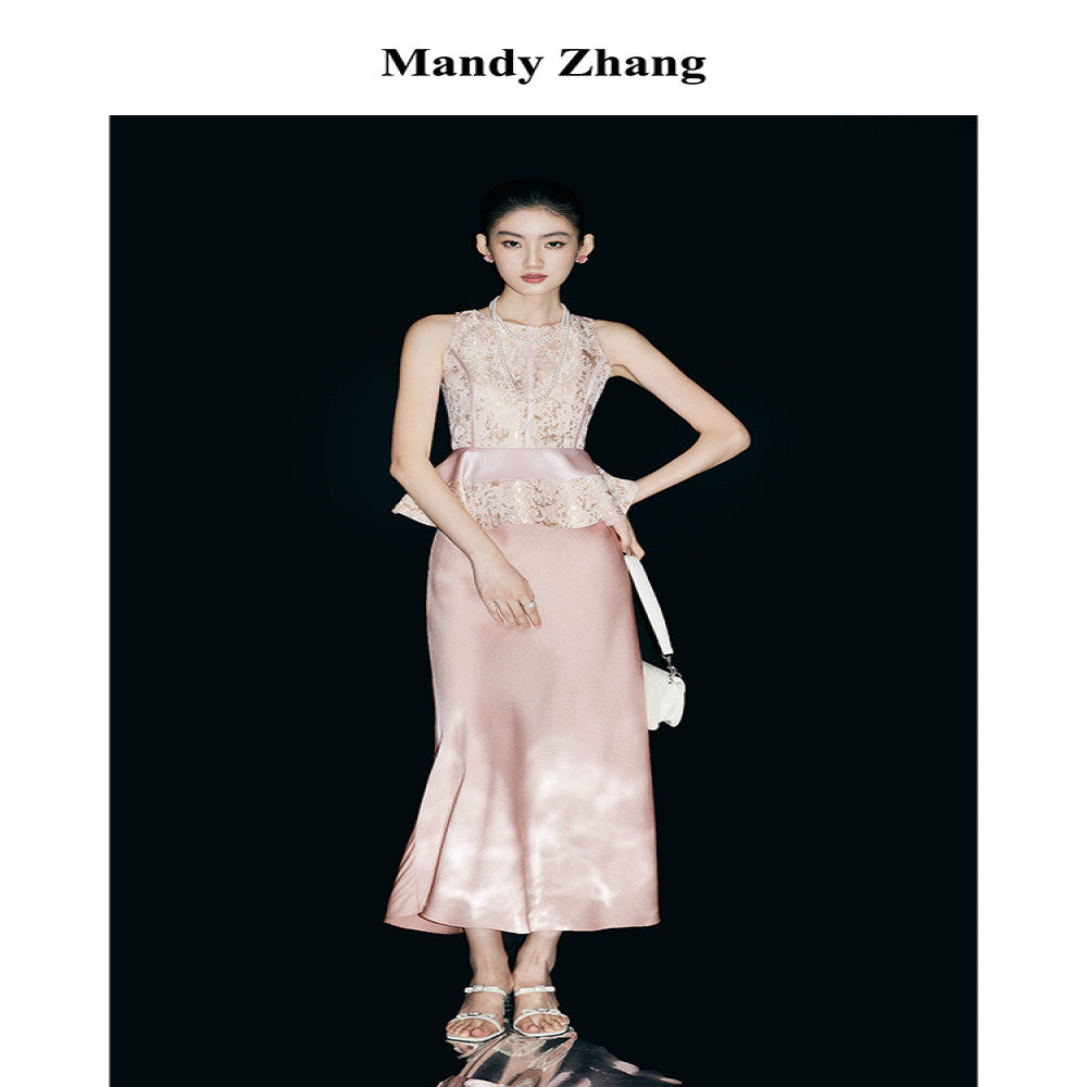 MandyZhang French CHIC Heavy Pink Acetate Satin Fishtail Half length Skirt for Women Summer Falling Long Skirt image 5