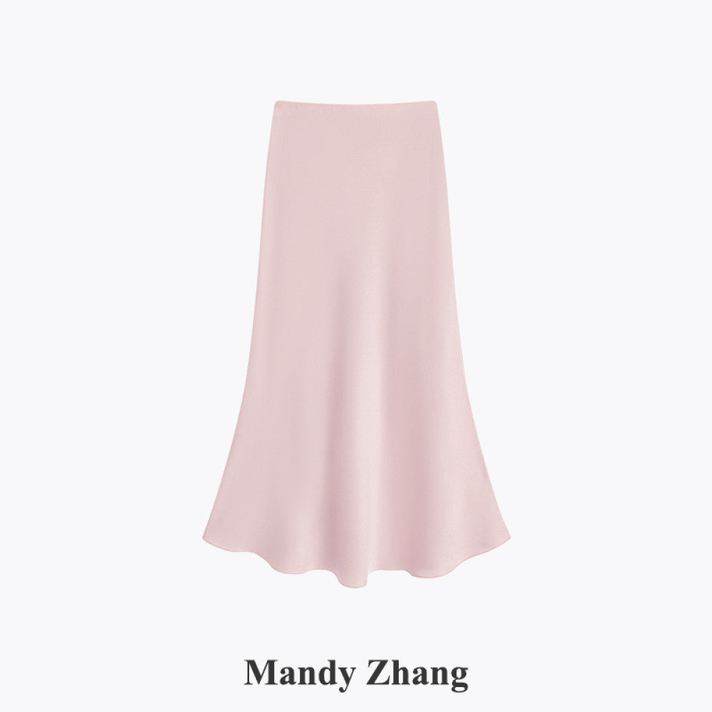 MandyZhang French CHIC Heavy Pink Acetate Satin Fishtail Half length Skirt for Women Summer Falling Long Skirt image 7
