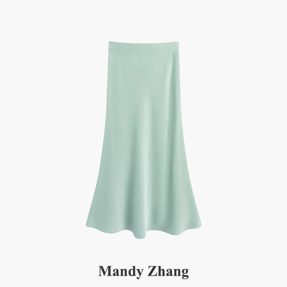 MandyZhang French CHIC Heavy Pink Acetate Satin Fishtail Half length Skirt for Women Summer Falling Long Skirt image 36