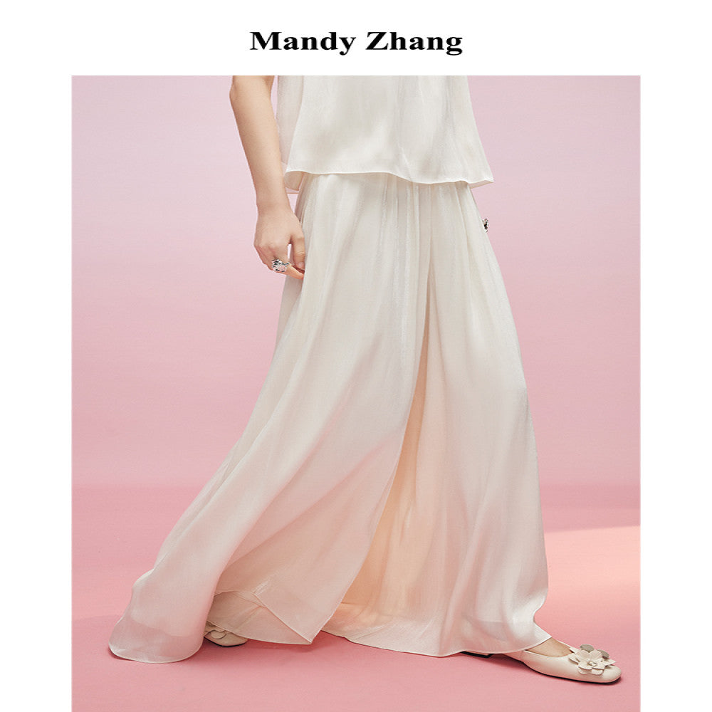MandyZhang satin glossy A line wide leg white skirt pants summer lazy style long casual pants image 1
