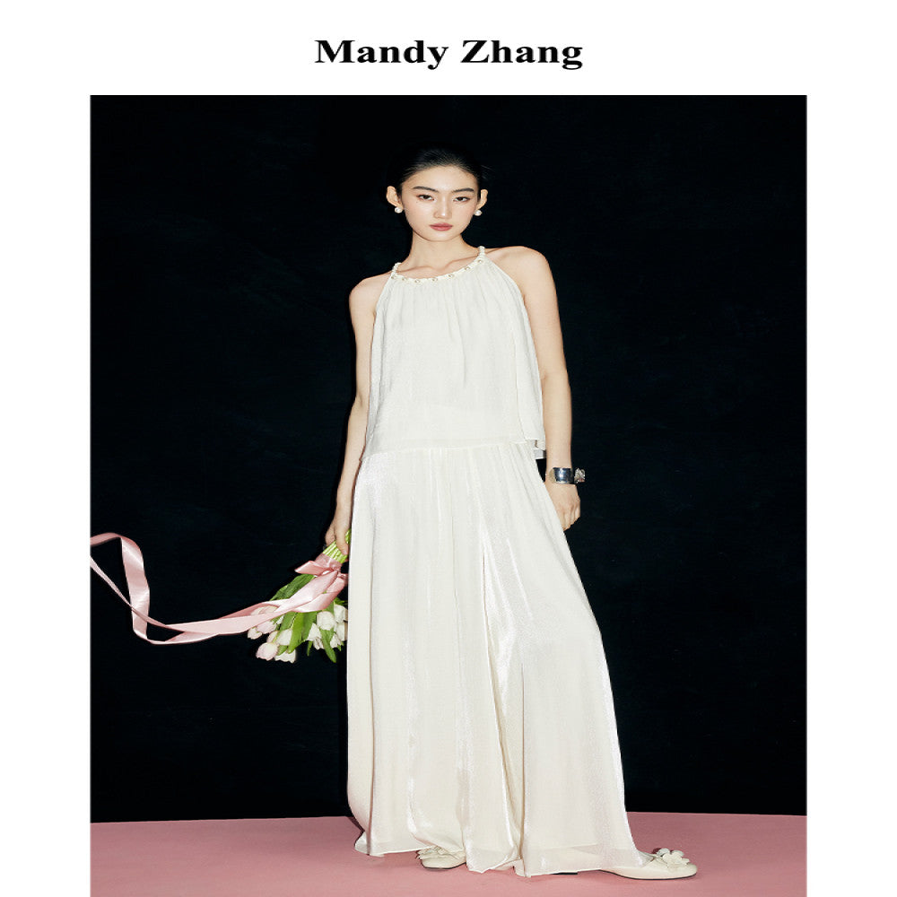 MandyZhang satin glossy A line wide leg white skirt pants summer lazy style long casual pants image 2