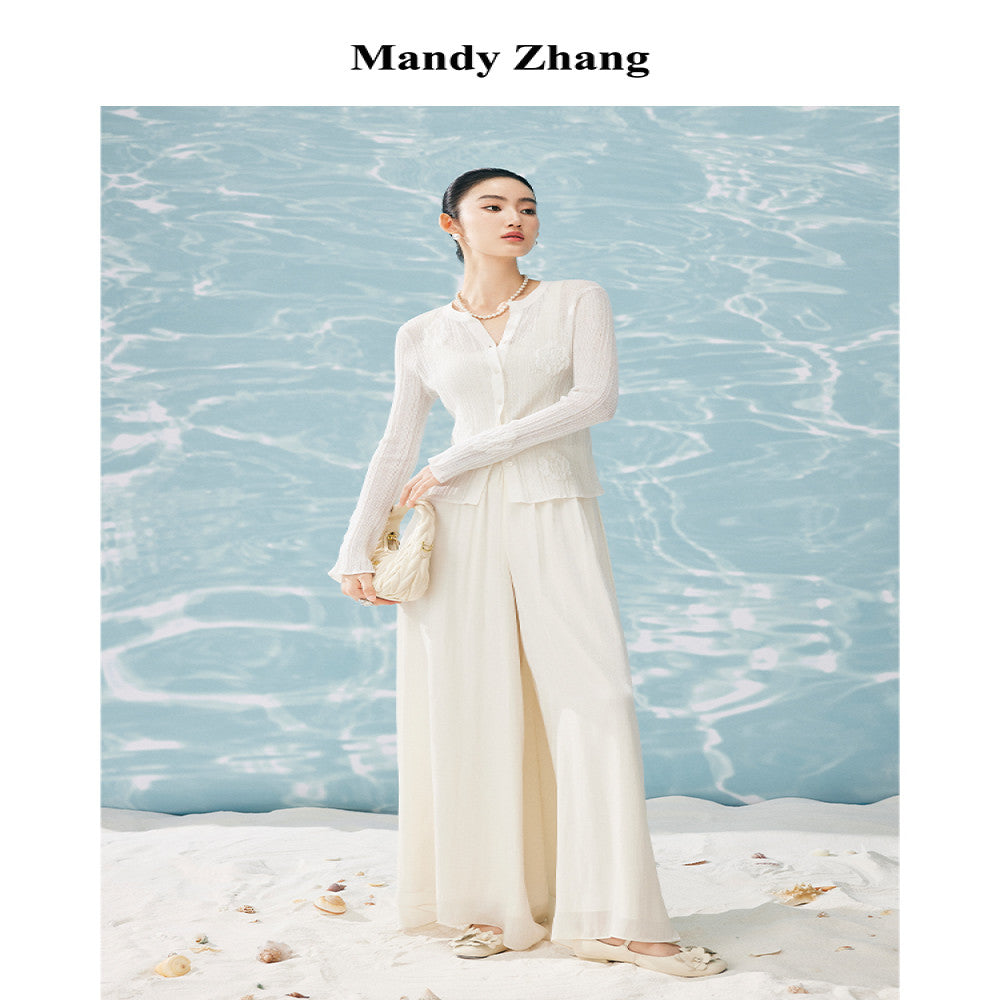 MandyZhang satin glossy A line wide leg white skirt pants summer lazy style long casual pants image 3
