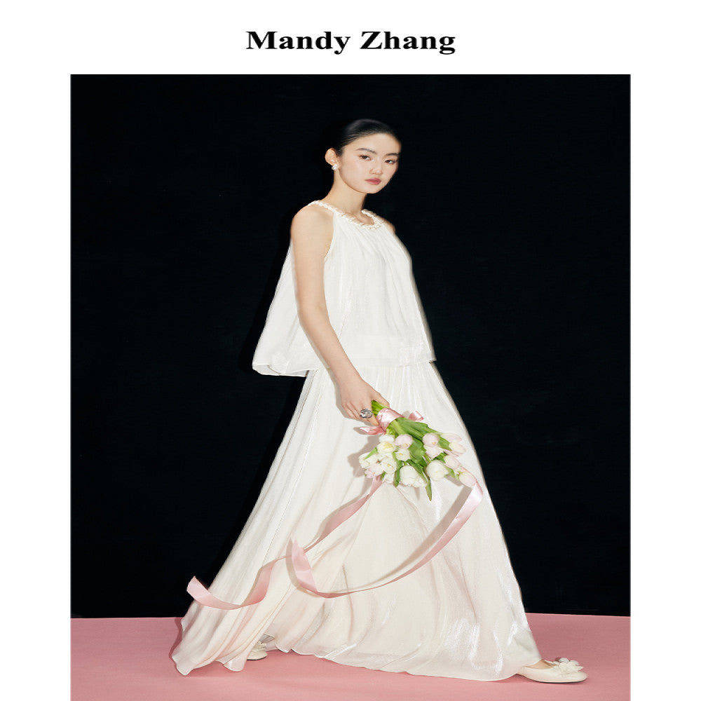 MandyZhang satin glossy A line wide leg white skirt pants summer lazy style long casual pants image 4