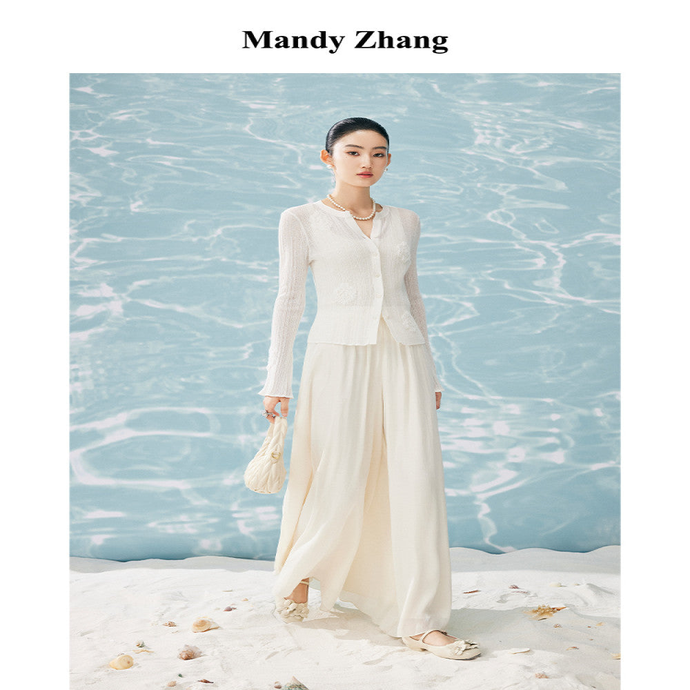 MandyZhang satin glossy A line wide leg white skirt pants summer lazy style long casual pants image 5