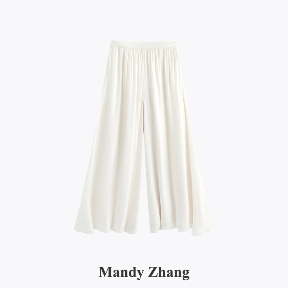 MandyZhang satin glossy A line wide leg white skirt pants summer lazy style long casual pants image 12