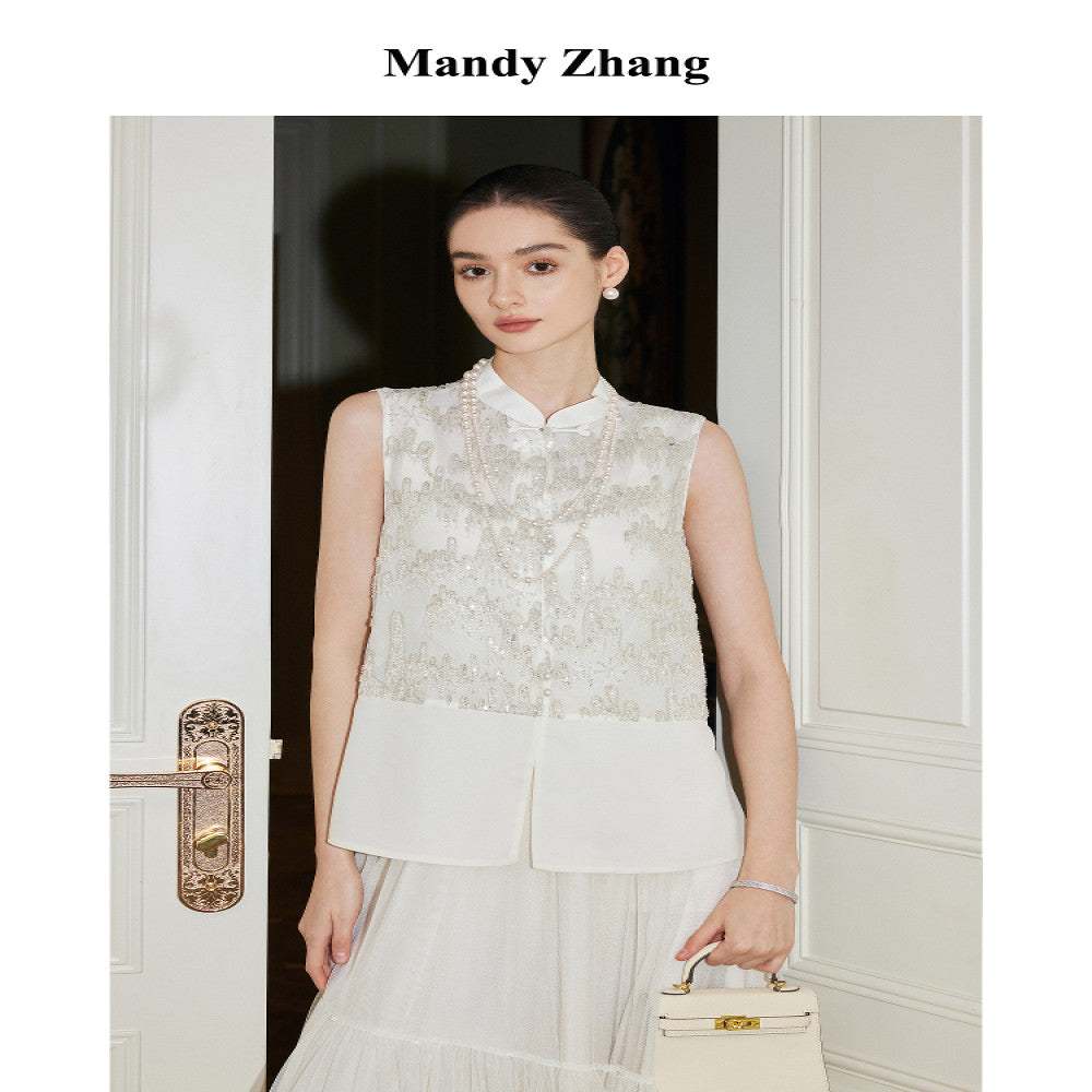 MandyZhang Heavy Industry Nail Bead Embroidered New Chinese Vest Women s Summer National Style Design White Top image 1