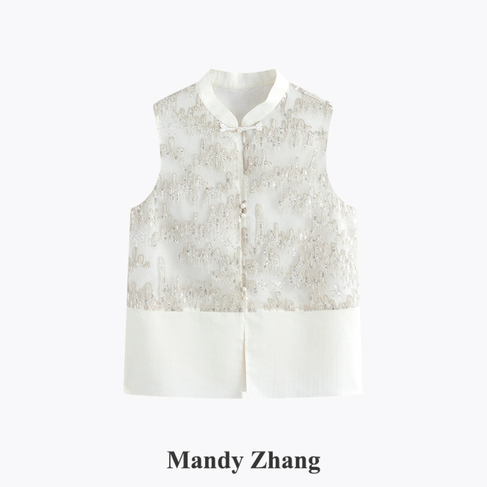 MandyZhang Heavy Industry Nail Bead Embroidered New Chinese Vest Women s Summer National Style Design White Top image 10