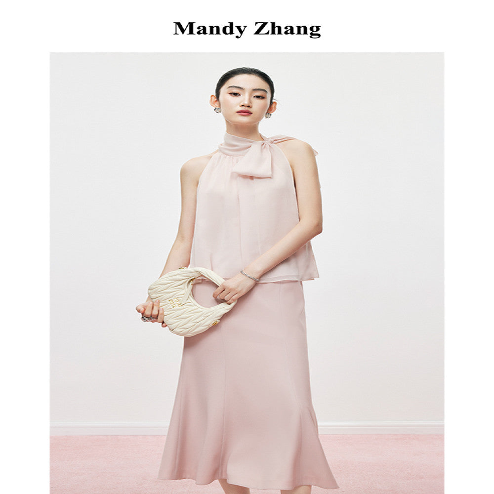 MandyZhang elegant temperament bow ribbon top for women s summer design pink hanging neck sleeveless vest image 2
