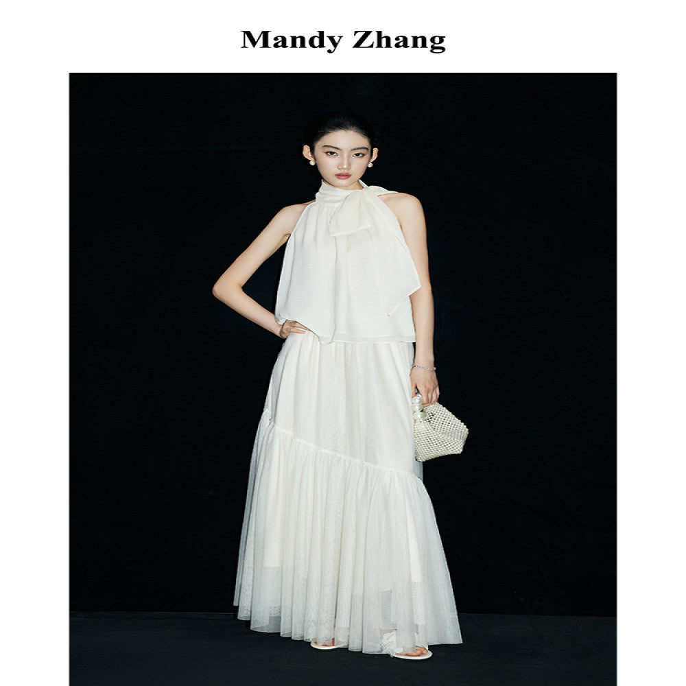 MandyZhang elegant temperament bow ribbon top for women s summer design pink hanging neck sleeveless vest image 5
