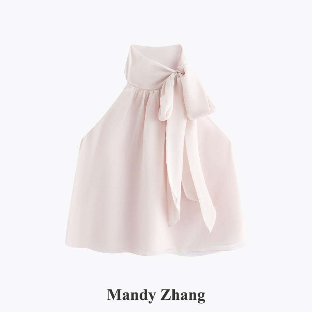 MandyZhang elegant temperament bow ribbon top for women s summer design pink hanging neck sleeveless vest image 11