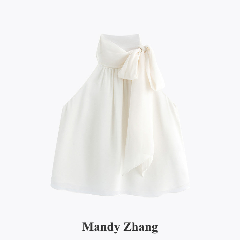 MandyZhang elegant temperament bow ribbon top for women s summer design pink hanging neck sleeveless vest image 19