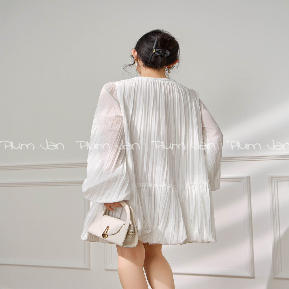 Plum Jan White Dress Women s Thin French V neck Fold 2025 New Summer Sunscreen Short Dress image 4