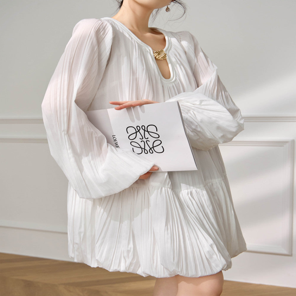 Plum Jan White Dress Women s Thin French V neck Fold 2025 New Summer Sunscreen Short Dress image 5