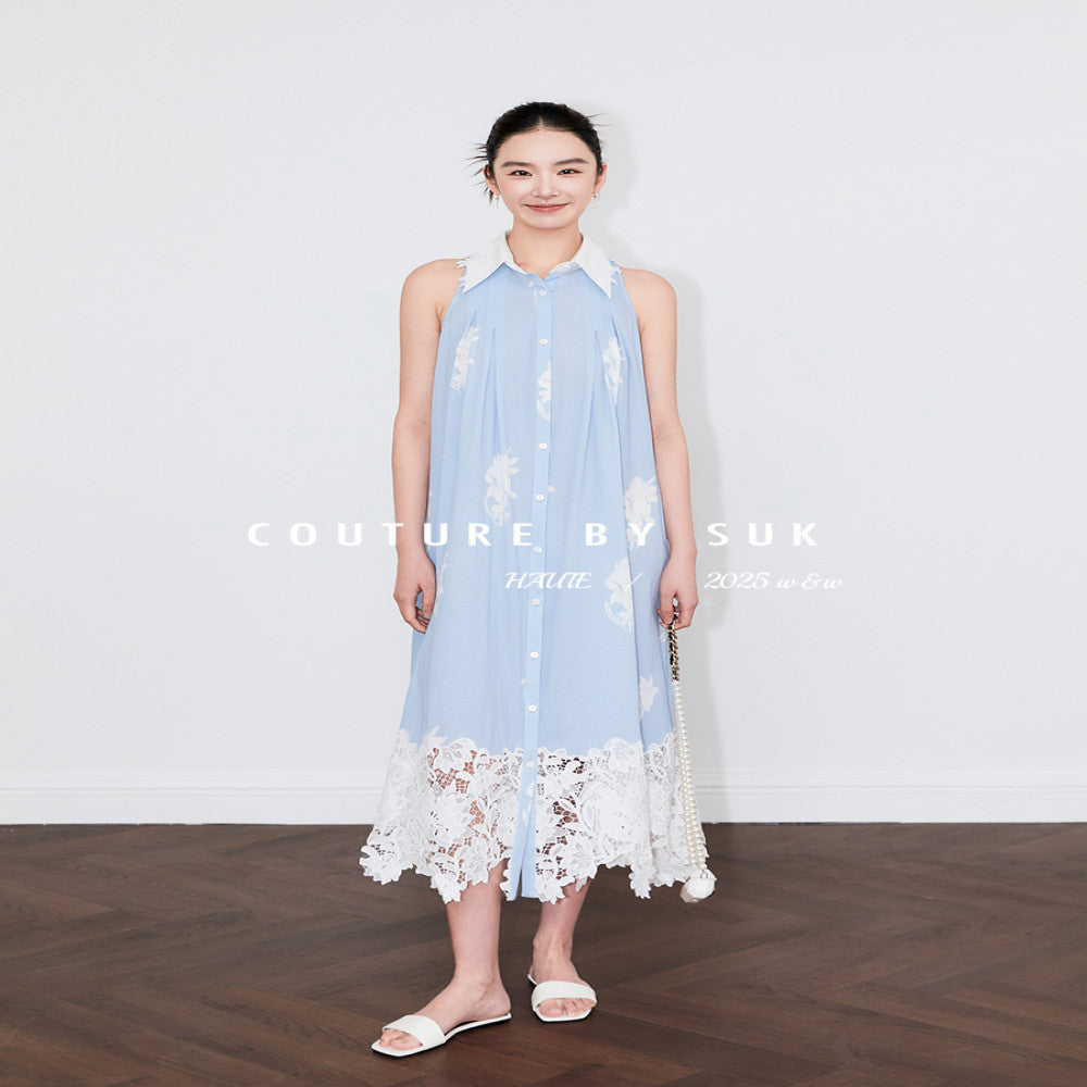 SUK Art Blues 05 Spring Summer new blue lace patchwork lace design halter neck dress image 0