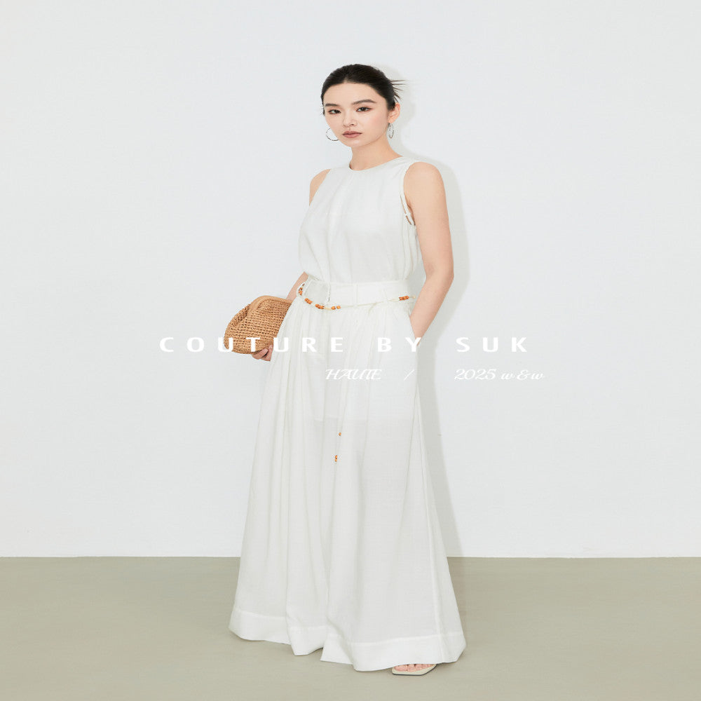 SUK protagonist aura Elegant and casual bead design high end sleeveless vest top wide leg pants set for women image 2