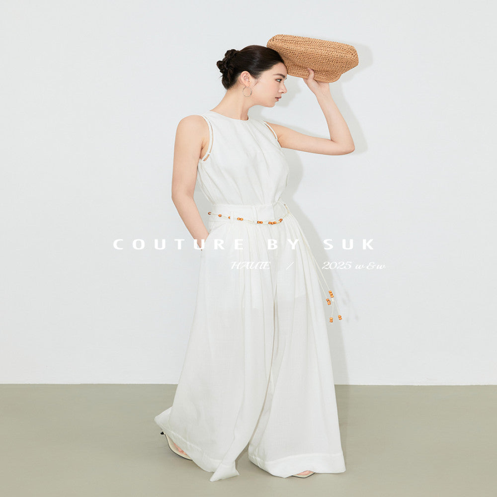 SUK protagonist aura Elegant and casual bead design high end sleeveless vest top wide leg pants set for women image 3