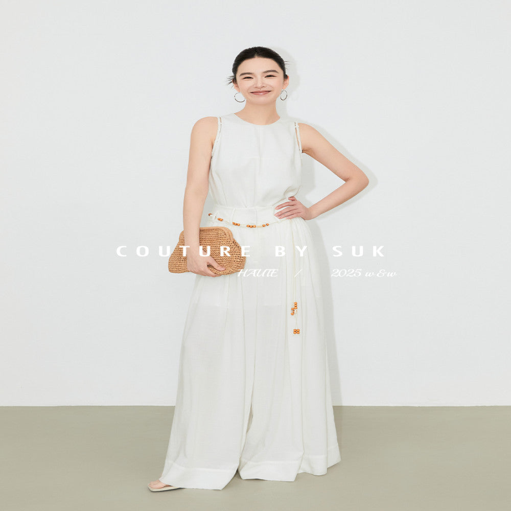 SUK protagonist aura Elegant and casual bead design high end sleeveless vest top wide leg pants set for women image 0