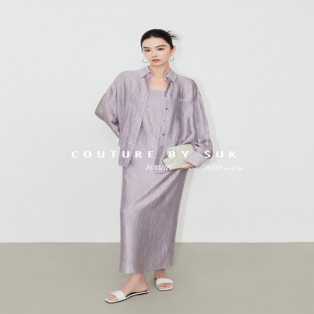 SUK s purple energy is coming from the east Light luxury acetate long dress with suspender long skirt sunscreen shirt outerwear fashionable women image 1
