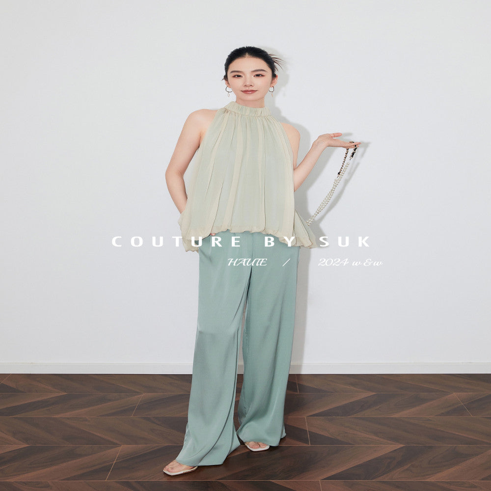 SUK light yarn sways Mulberry silk small stand up collar design hanging neck sleeveless vest top wide leg pants set image 1