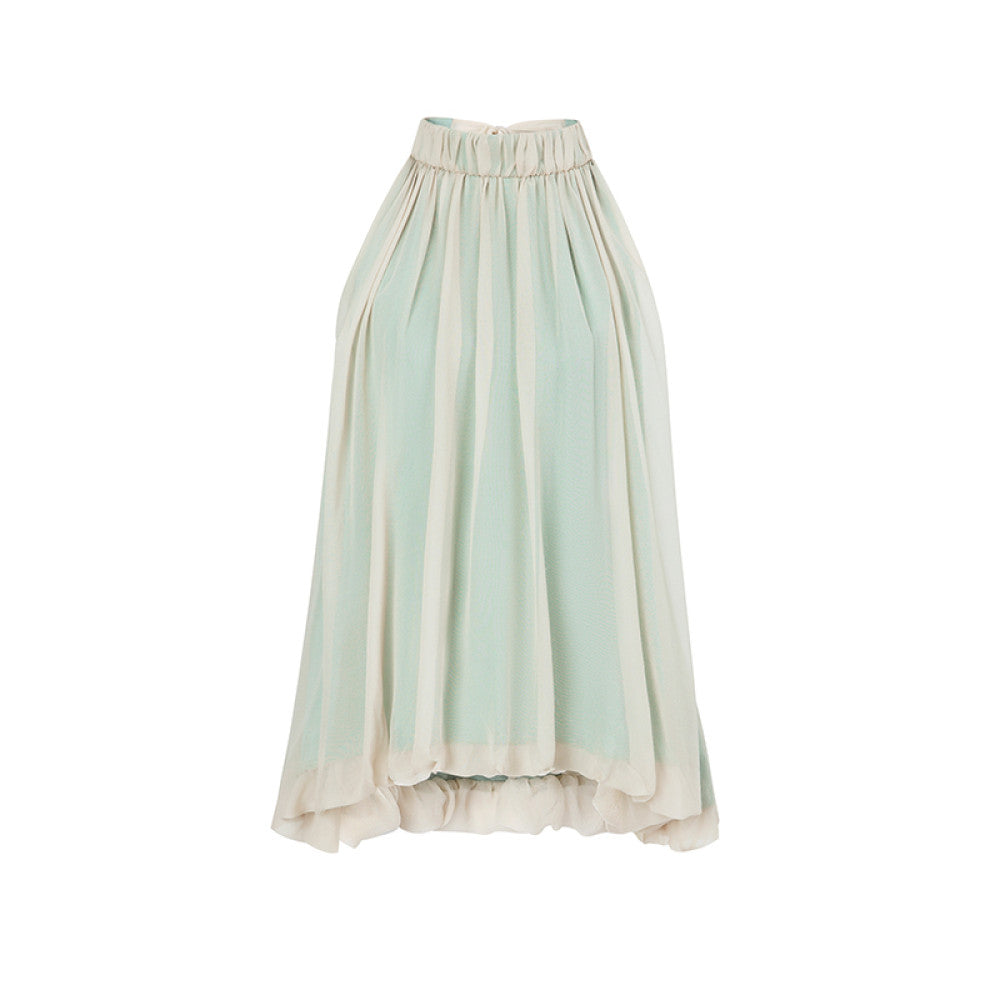SUK light yarn sways Mulberry silk small stand up collar design hanging neck sleeveless vest top wide leg pants set image 16