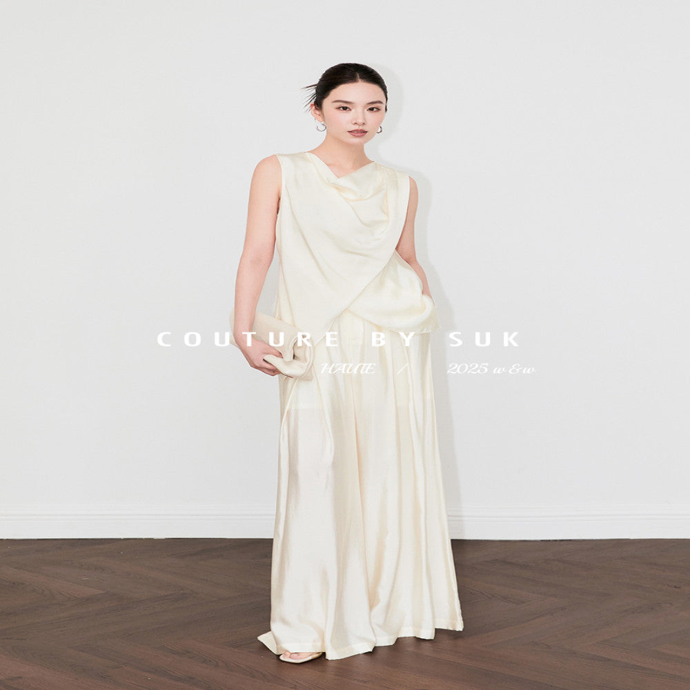SUK Mist Moonlight Glossy fabric elegant swing collar sleeveless top high waist wide leg pants fashionable suit for women image 2