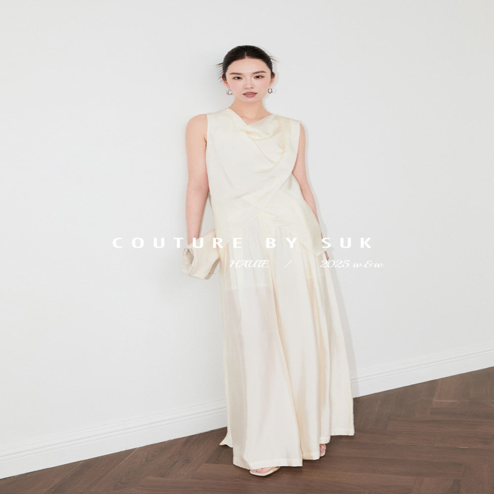 SUK Mist Moonlight Glossy fabric elegant swing collar sleeveless top high waist wide leg pants fashionable suit for women image 3