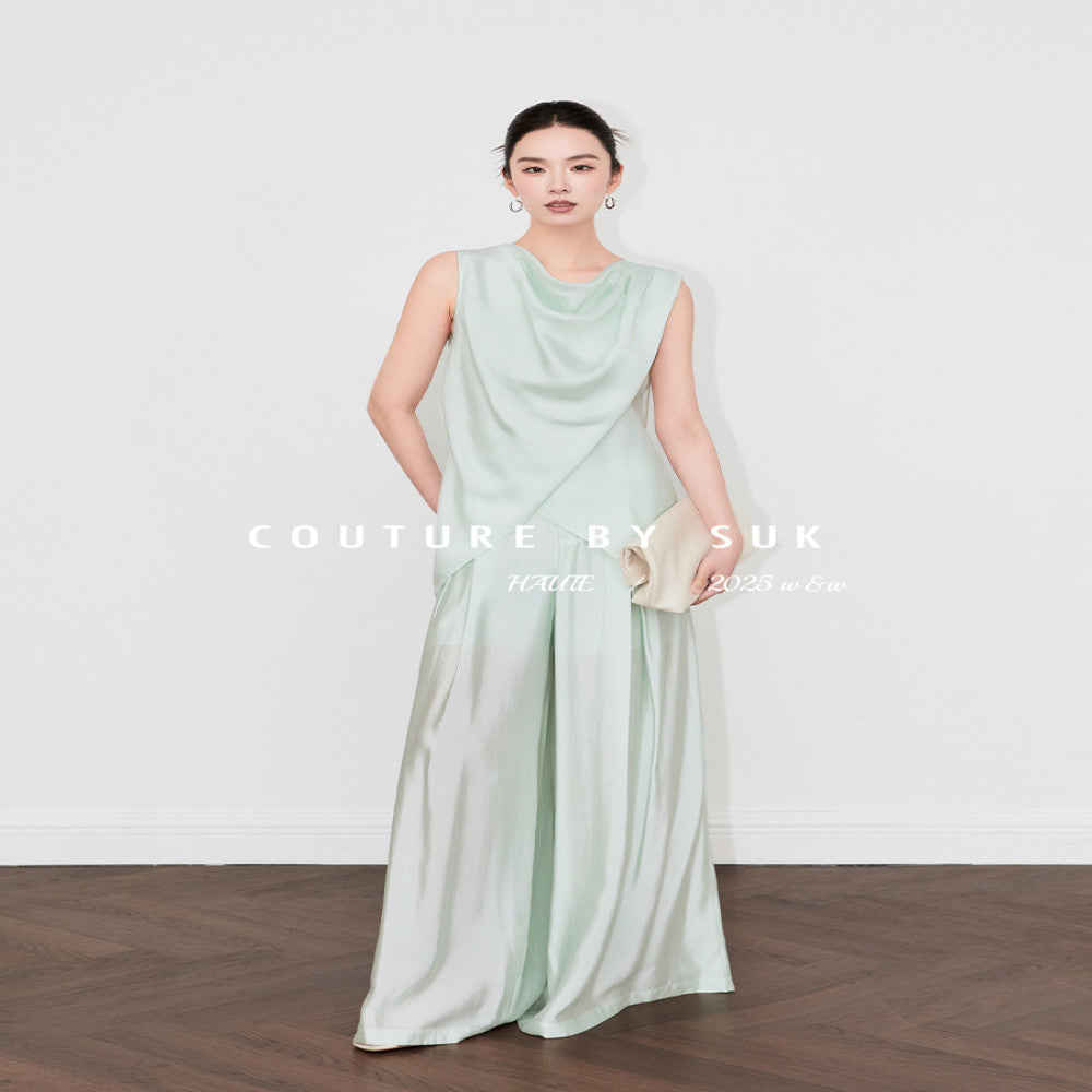 SUK Mist Moonlight Glossy fabric elegant swing collar sleeveless top high waist wide leg pants fashionable suit for women image 4