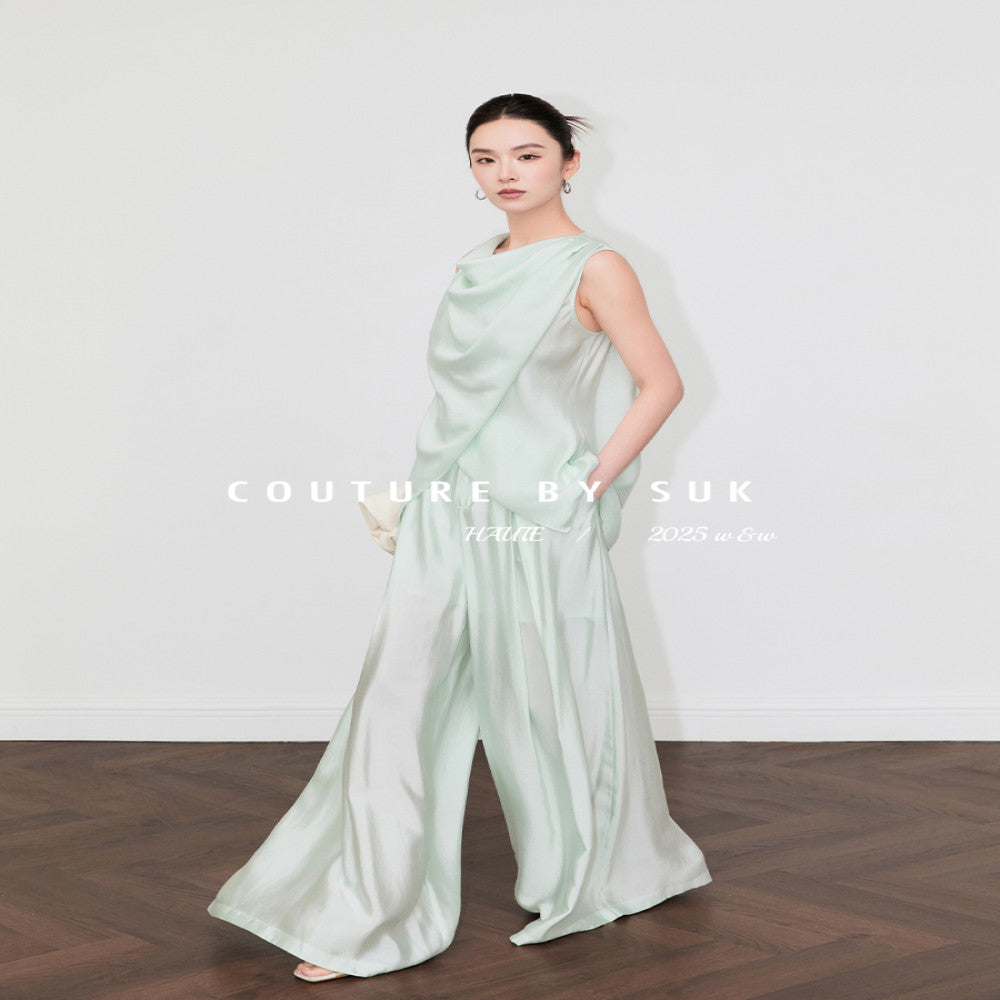 SUK Mist Moonlight Glossy fabric elegant swing collar sleeveless top high waist wide leg pants fashionable suit for women image 5
