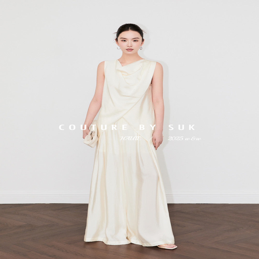 SUK Mist Moonlight Glossy fabric elegant swing collar sleeveless top high waist wide leg pants fashionable suit for women image 0