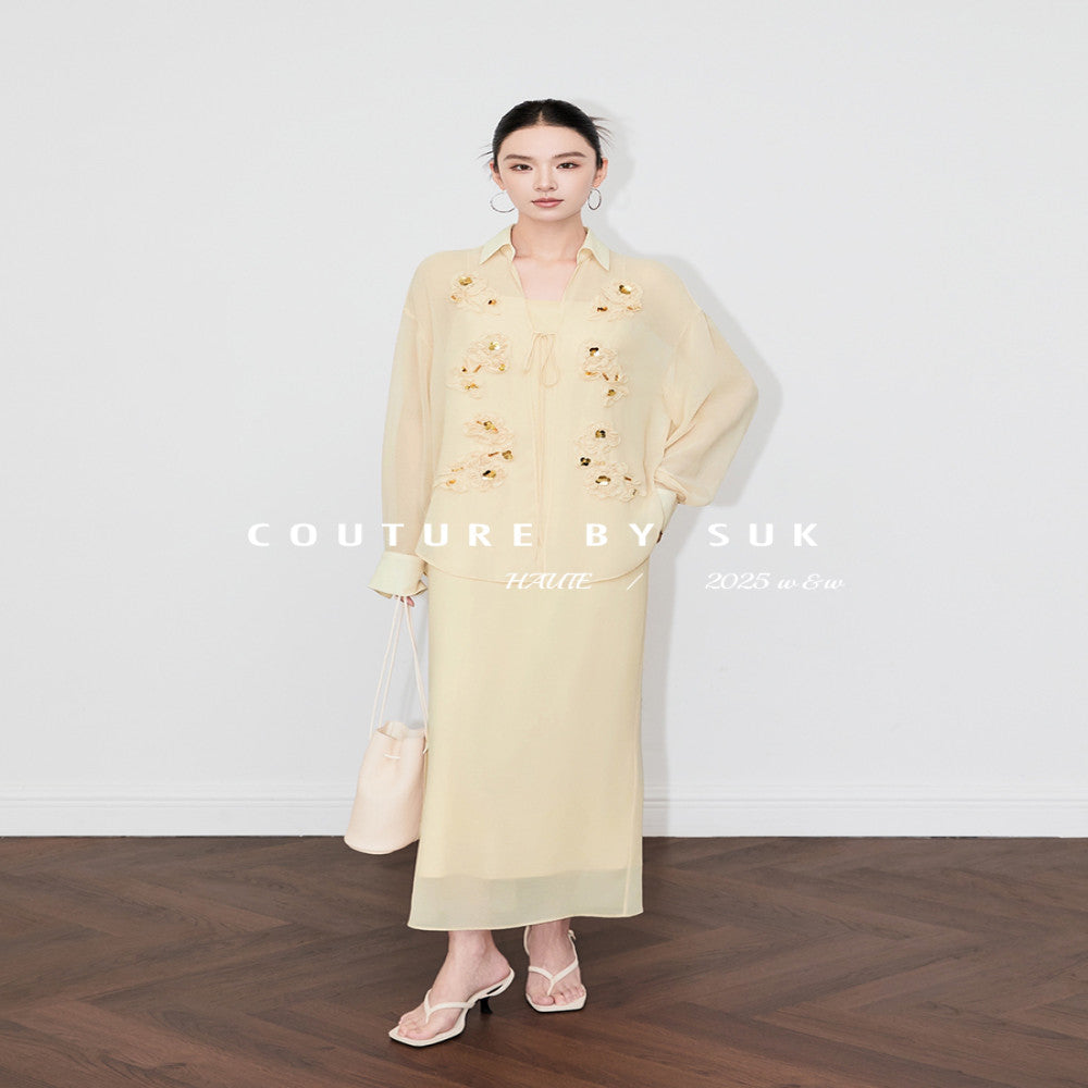 SUK Capital Smoke and Clouds French style three dimensional floral long sleeved shirt with suspender and dress inside white fashionable suit for women image 0