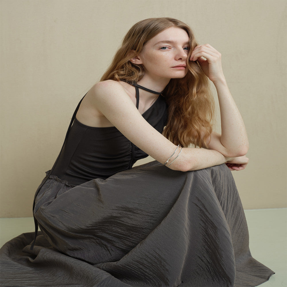 Someone Sometimes Original Irregular Splicing Color Contrasting Fold Design Oblique Shoulder Sleeveless Dress image 3