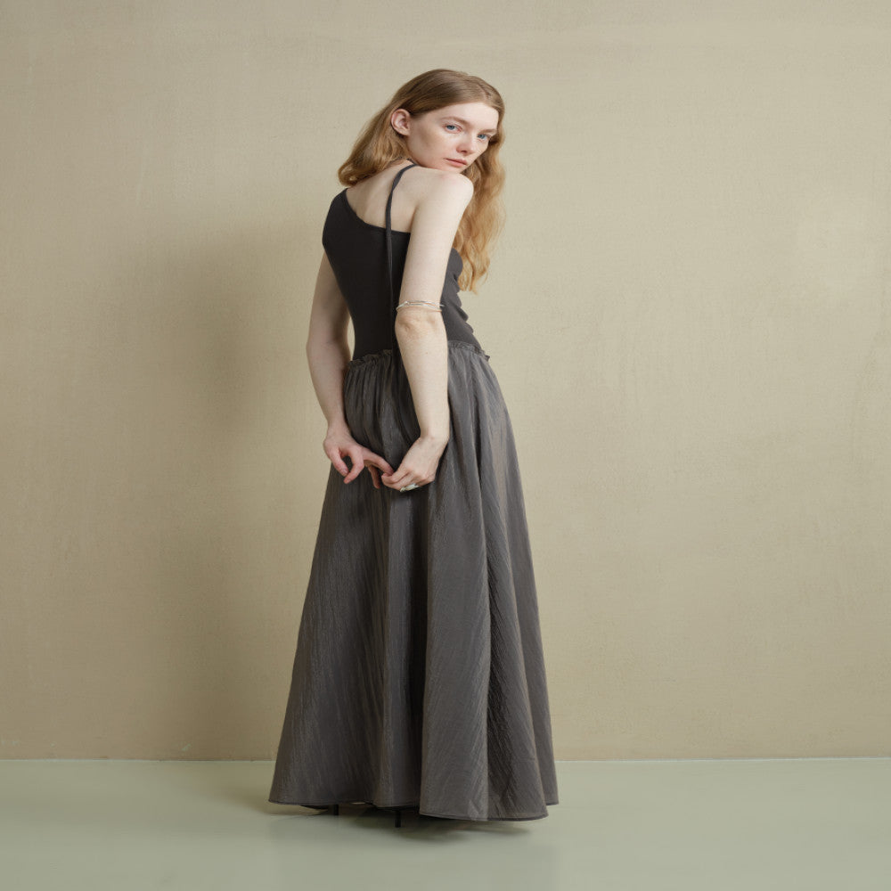 Someone Sometimes Original Irregular Splicing Color Contrasting Fold Design Oblique Shoulder Sleeveless Dress image 4