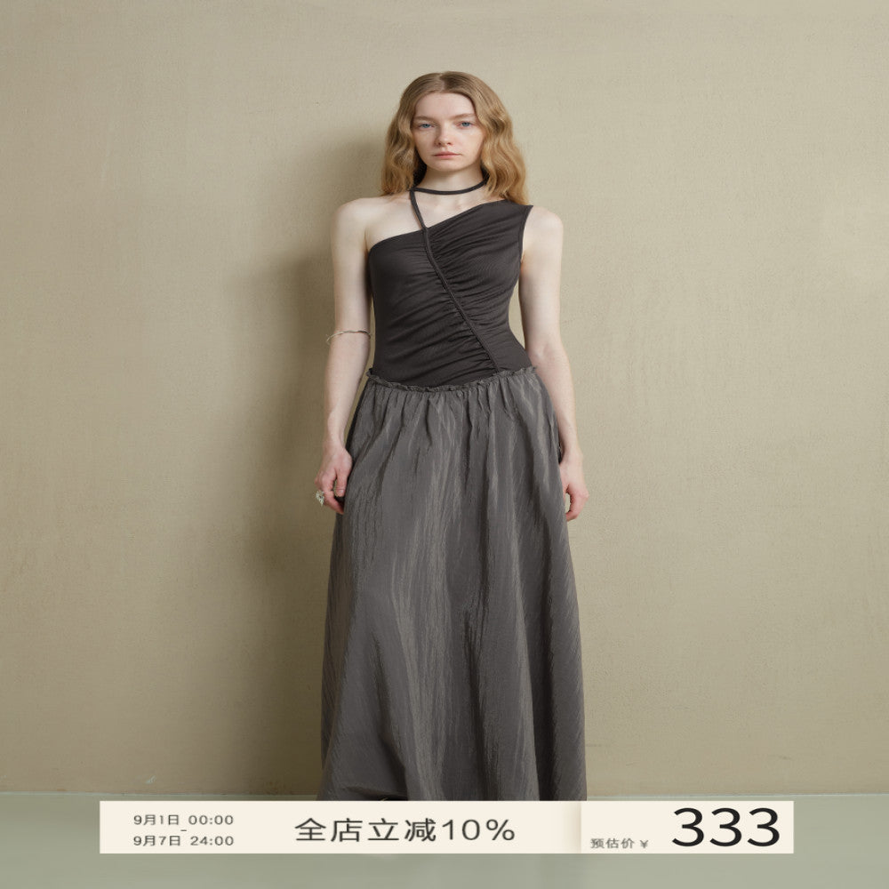 Someone Sometimes Original Irregular Splicing Color Contrasting Fold Design Oblique Shoulder Sleeveless Dress image 0