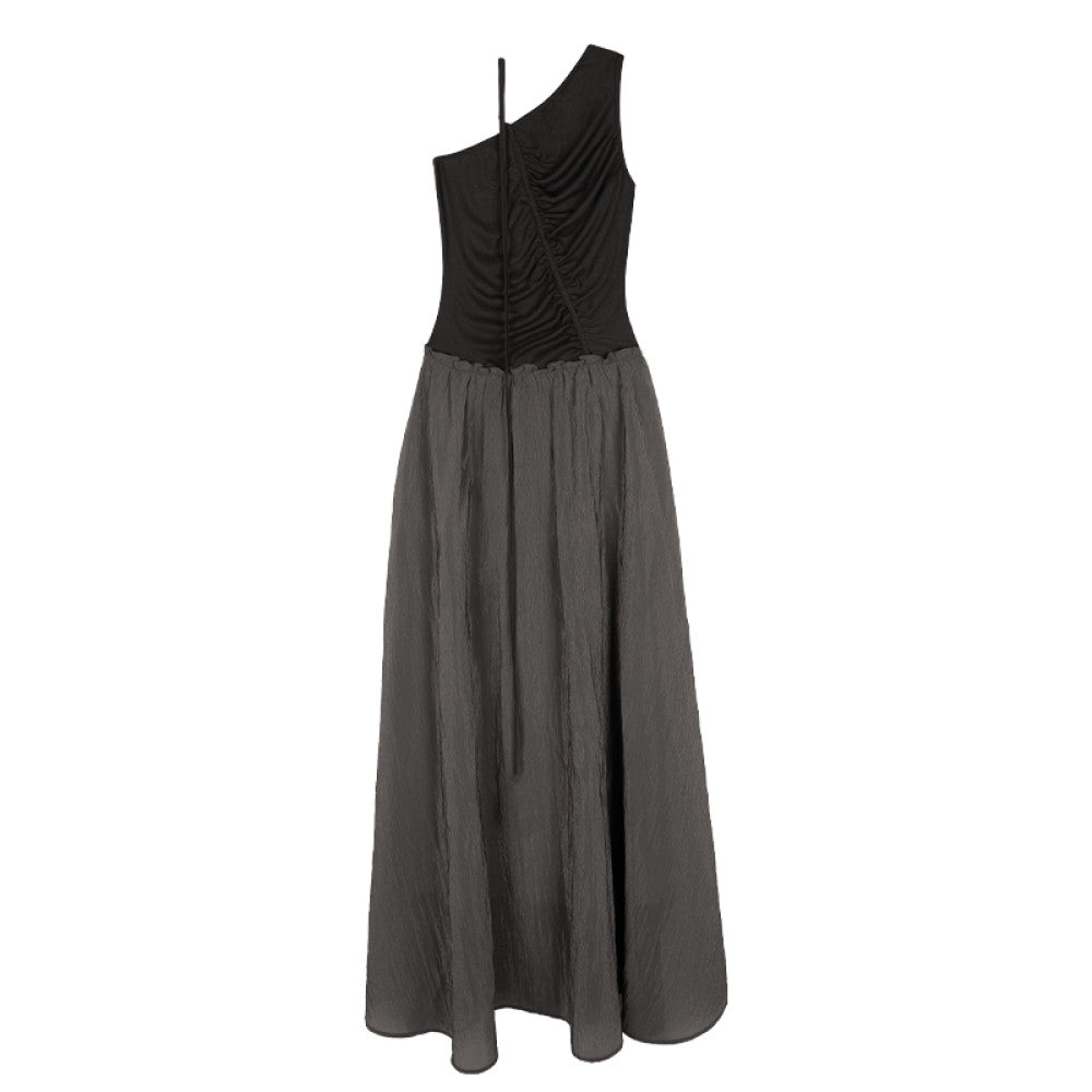 Someone Sometimes Original Irregular Splicing Color Contrasting Fold Design Oblique Shoulder Sleeveless Dress image 8