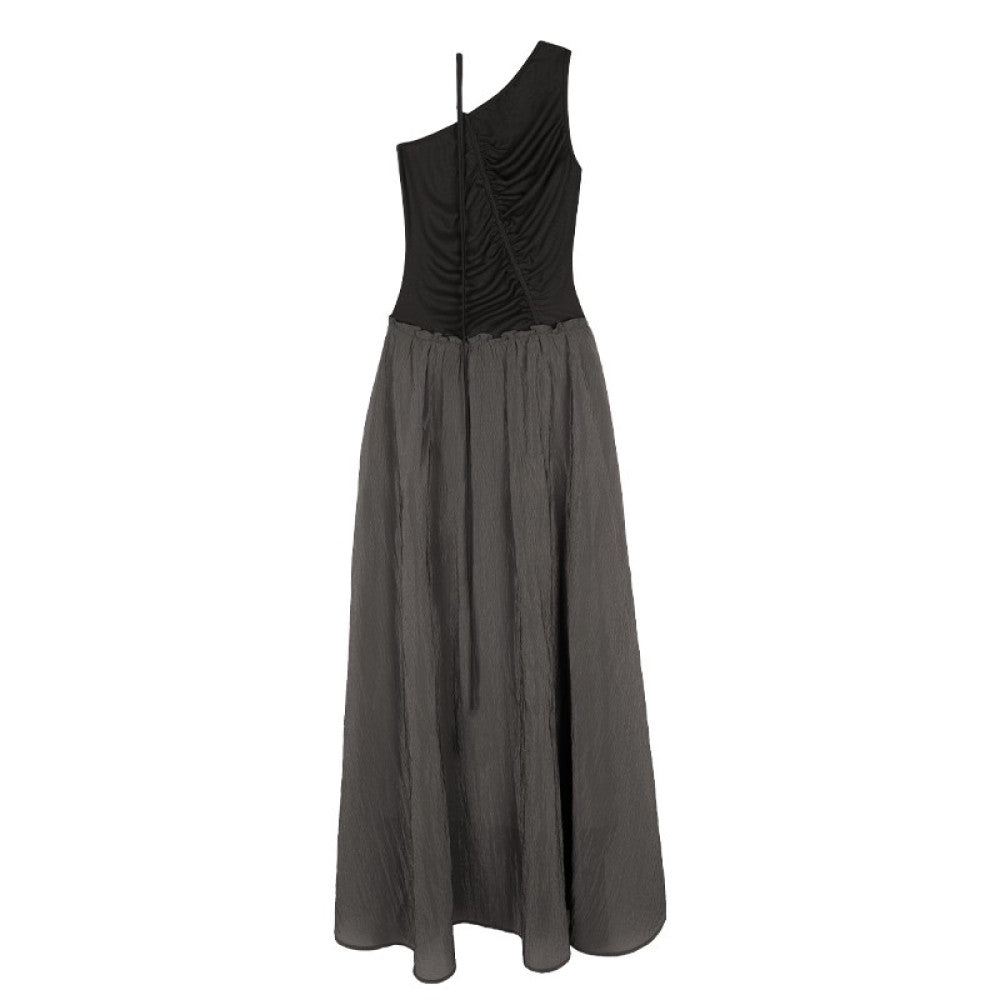 Someone Sometimes Original Irregular Splicing Color Contrasting Fold Design Oblique Shoulder Sleeveless Dress image 12
