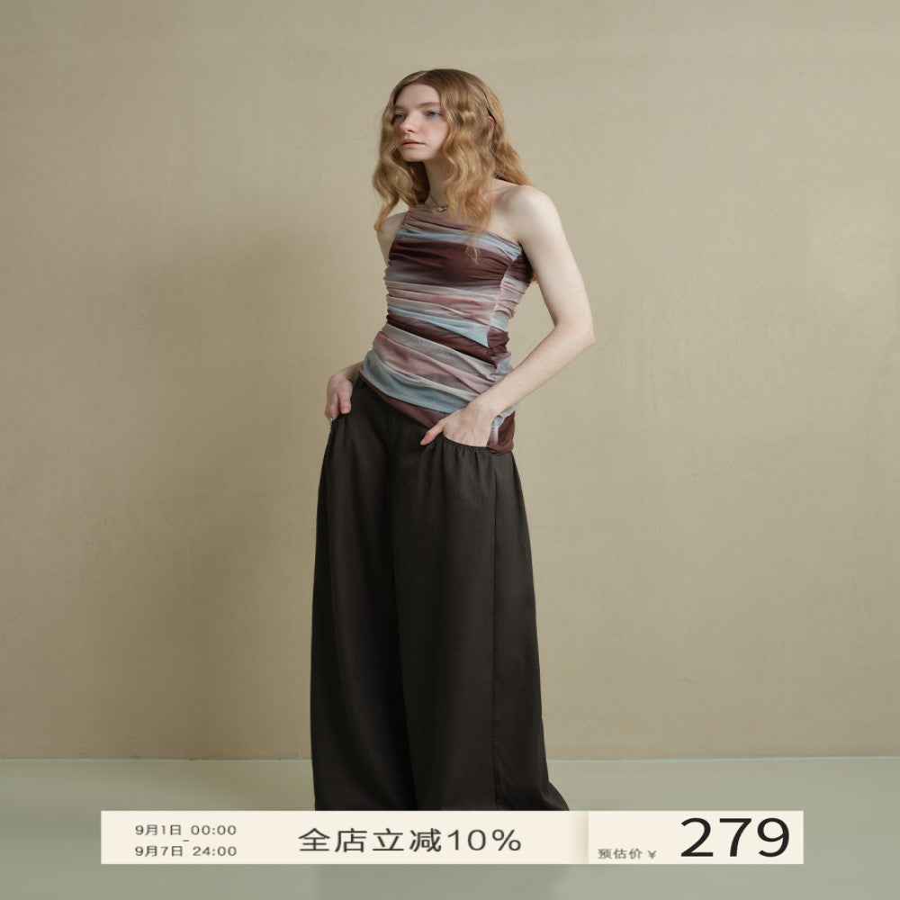 Someone Sometimes Original Soft Breathable Pocket Fold Design Wide Leg Pants Women s Brown Casual Pants image 1
