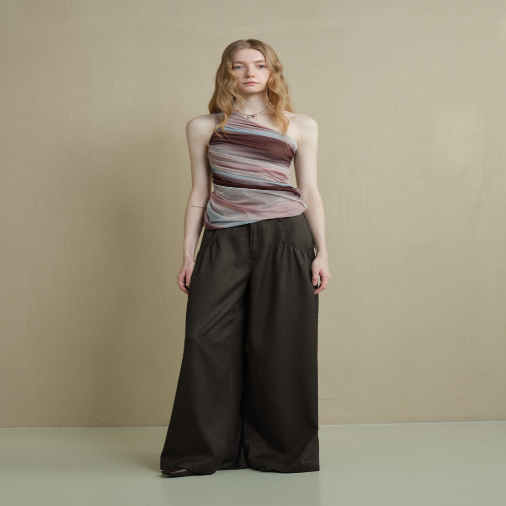 Someone Sometimes Original Soft Breathable Pocket Fold Design Wide Leg Pants Women s Brown Casual Pants image 2
