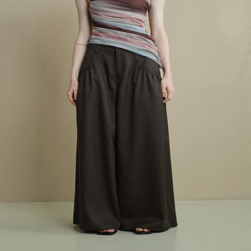 Someone Sometimes Original Soft Breathable Pocket Fold Design Wide Leg Pants Women s Brown Casual Pants image 3