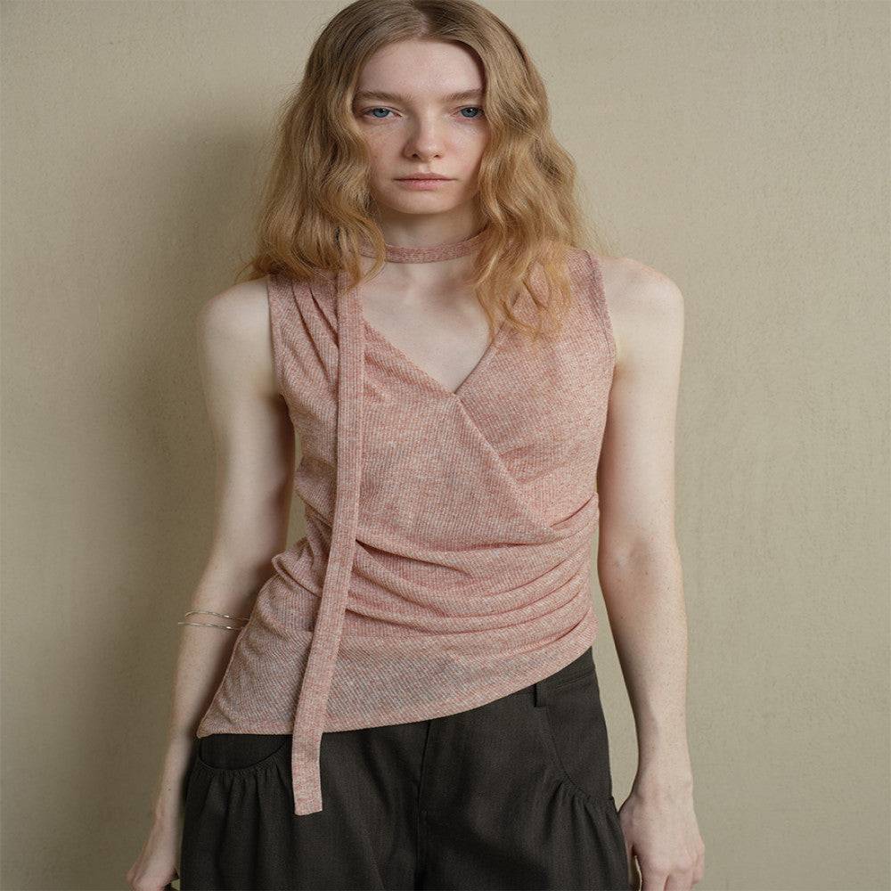 Someone Sometimes Original Asymmetric Hem Side Waist Fold Waist Strap Tank Top Hanging Neck Top image 2