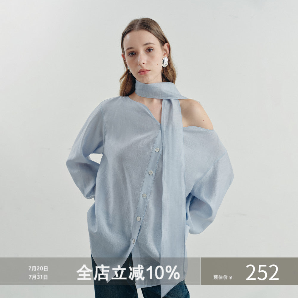 Sometimes the pearl light texture with a wavy collar and flowing ribbons exudes a blue shirt and top for women image 1